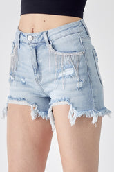 Trendy RISEN Frayed Hem Denim Shorts with Fringe Pocket Detail
