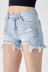 Trendy RISEN Frayed Hem Denim Shorts with Fringe Pocket Detail