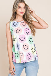 BOMBOM Smiley Face Round Neck Tank Top – Cute & Comfortable Casual Wear