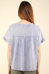 VERY J Notched Short Sleeve Washed Knit T-Shirt - Casual Cotton Blend Top