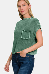 Zenana Washed Mock Neck Short Sleeve Cropped Sweater - Trendy Cotton Knitwear