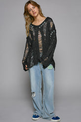 POL Distressed Drop Shoulder Long Sleeve Knit Top for Avant-Garde Style