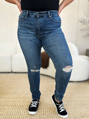 Judy Blue Mid Waist Distressed Slim Jeans - Trendy & Comfortable Denim