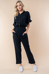 White Birch Textured Short Sleeve Jumpsuit with Button-Down Front and Side Pockets