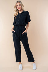White Birch Textured Short Sleeve Jumpsuit with Button-Down Front and Side Pockets