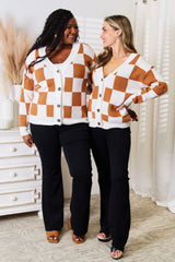 Trendy Checkered Button-Up V-Neck Cardigan with Dropped Shoulders