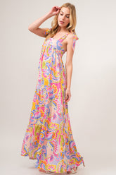 Trendy Printed Tie Shoulder Tiered Maxi Dress for Summer Events