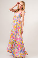 Trendy Printed Tie Shoulder Tiered Maxi Dress for Summer Events