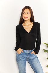 Culture Code Full Size V-Neck Bodysuit with Poet Sleeves - Modern & Elegant