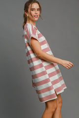 Umgee Peace Sign Applique Striped Short Sleeve Mini Dress | Casual & Trendy