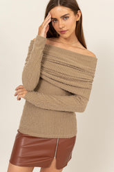 HYFVE Women's Fuzzy Off-Shoulder Textured Knit Top - Chic & Versatile