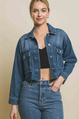 Love Tree Women's Raw Hem Cropped Denim Jacket - Trendy Button-Up Style