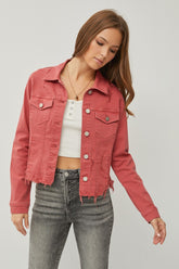 RISEN Raw Hem Button-Up Cropped Denim Jacket – Trendy & Versatile Style