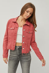 RISEN Raw Hem Button-Up Cropped Denim Jacket – Trendy & Versatile Style