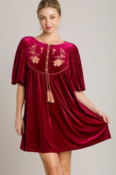Umgee Velvet Mini Dress with Embroidered Half Sleeves and Tassels
