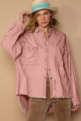 POL Women's Button Down Raw Hem Distressed Cotton Shacket - Trendy Layering Jacket