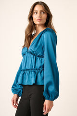 Mittoshop Luxurious Satin V Neck Ruffled Tier Blouse for Women
