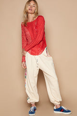 POL Women's Exposed Seam Long Sleeve Lace Knit Top - Elegant Round Neck Blouse