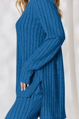 Trendy Ribbed High-Low Top & Wide Leg Pants Set - Basic Bae Collection