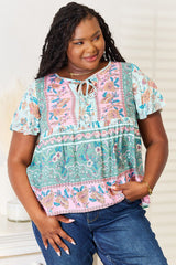 Chic Floral Tie-Neck Short Sleeve Blouse for Women - Versatile & Feminine