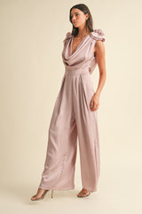 MABLE 3D Floral Applique Satin Jumpsuit with Deep Cowl Neck