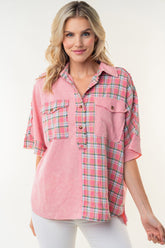 Chic White Birch Plaid Color Block Half Button Top for Women