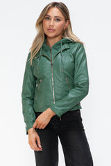Snobbish Faux Leather Hooded Jacket with Zip-Up & Drawstring