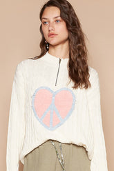 POL Cable-Knit Peace Patch Sweater with Relaxed Dropped Shoulder Design