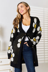 Stylish Floral Button Down Longline Cardigan with Ribbed Design