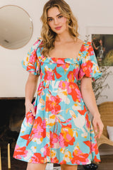 ODDI Smocked Puff Sleeve Mini Dress with Playful Print