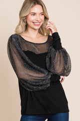 Super Lady Metallic Mesh Lantern Sleeve Blouse - Elegant Full Size Fit for Every Occasion