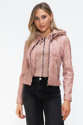 Chic Women's Faux Leather Hooded Jacket with Sporty Drawstring & Zip-Up