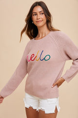 Annie Wear 'HELLO' Embroidered Raglan Sleeve Sweater - Cozy Women's Knitwear with Sporty Chic