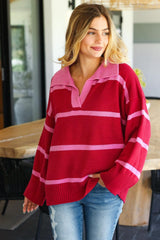 Haptics Collared Neck Striped Contrast Sweater - Elegant & Versatile