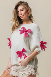 BiBi Sequin Bow Puff Sleeve Sweater - Glamorous & Chic