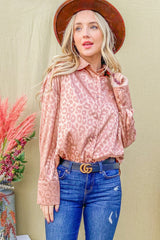 Luxurious Satin Leopard Print Button-Up Shirt with Curved Hem