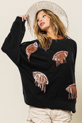 BiBi Sequin Fringe Football Patch Round Neck Sweatshirt - Glamorous Sporty Style