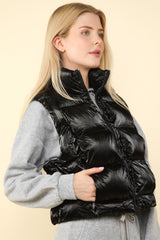 VERY J Shiny Metallic Zip-Up Puffer Vest - Stylish Winter Essential
