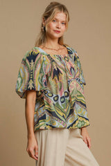 Umgee Women's Full Size Abstract Print Smocked Blouse with Square Neck & Puff Sleeves - Vibrant Style & Comfort