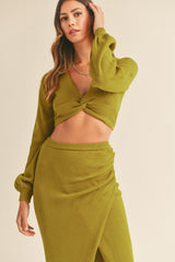 MABLE Women's Front Twisted Knit Top & Midi Skirt Set - Chic & Versatile Outfit