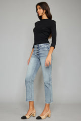 Kancan Women's High Waist Button Fly Jeans - Vintage Raw Hem Cropped Straight