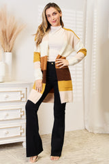 Trendy Color Block Dropped Shoulder Cardigan with Pockets