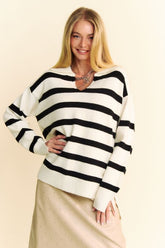 Davi & Dani High-Low Striped Sweater with Side Slits - Chic Johnny Collar Design