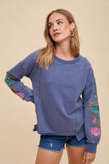 Annie Wear Women's Embroidered Long Sleeve French Terry Top - Elegant & Comfortable