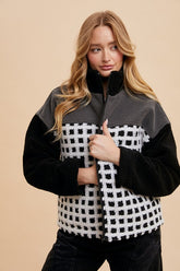 Annie Wear Women's Plaid Sherpa Jacket with Zip-Up & Drop Shoulder