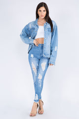 American Bazi Full Size Painted Back Distressed Denim Jacket - Edgy & Artistic