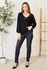 Zenana Women's Buttoned Long Sleeve Waffle-Knit Blouse - Soft & Stylish