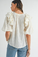 MABLE Women's Eyelet Lace Ruffle Shoulder Puff Sleeve Blouse