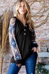 Cozy Heimish Half Button Printed Long Sleeve Hooded Top - Trendy & Versatile
