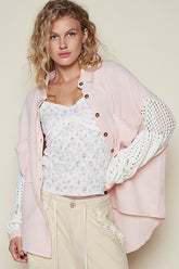 Stylish Openwork Lantern Sleeve Button Down Gauze Cotton Shirt